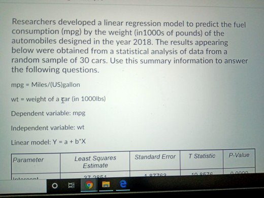 Solved Researchers developed a linear regression model to | Chegg.com