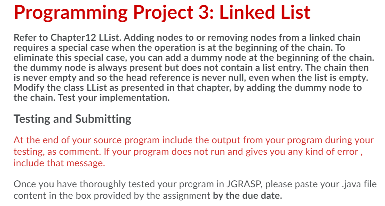 Solved Programming Project 3: Linked List Refer to Chapter | Chegg.com