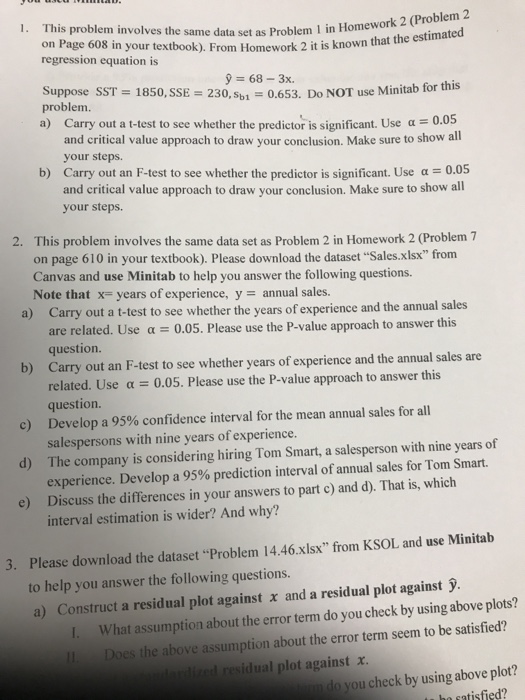 Solved This problem involves the same data set as Problem 1 | Chegg.com