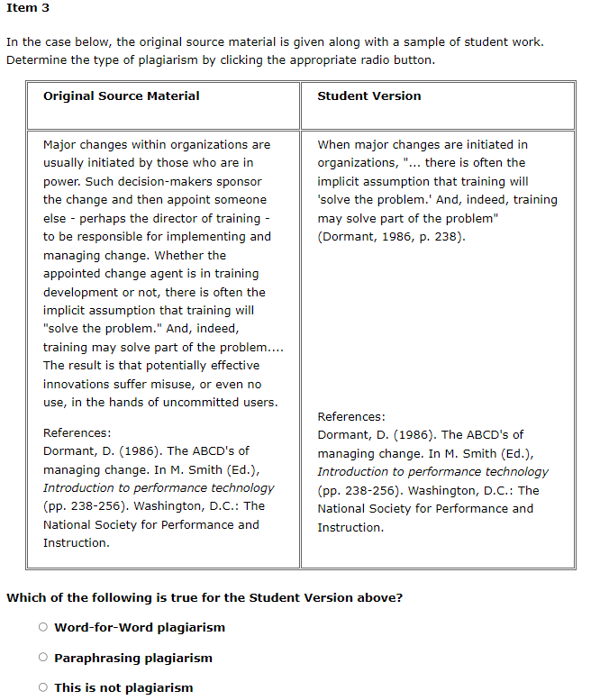 In the case below, the original source material is given along with a sample of student work. Determine the type of plaqiaris