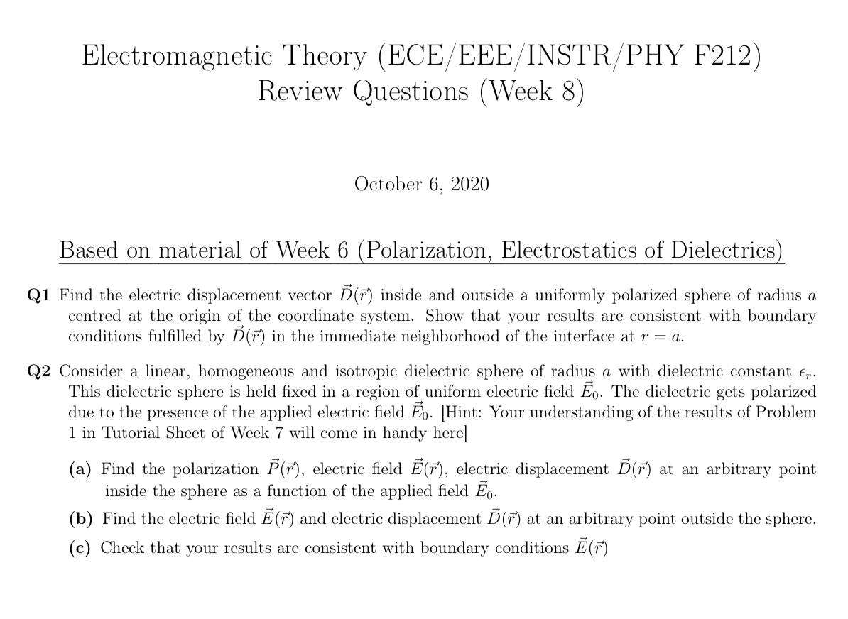 Electromagnetic Theory Ece Eee Instr Phy F212 Re Chegg Com