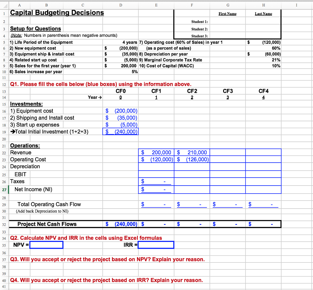 Solved Ca pital Budgeting Decisions Student 1: Student 2: | Chegg.com