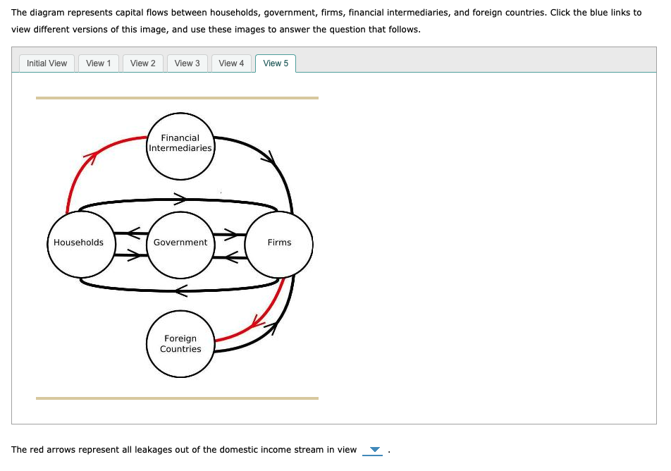 The diagram represents capital flows between households, government, firms, financial intermediaries, and foreign countries. 