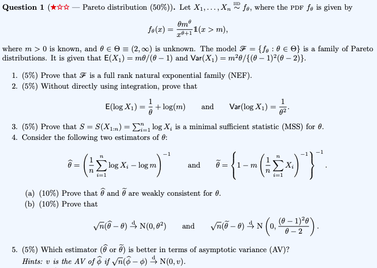 Question 1 Pareto Distribution 50 Let X Chegg Com