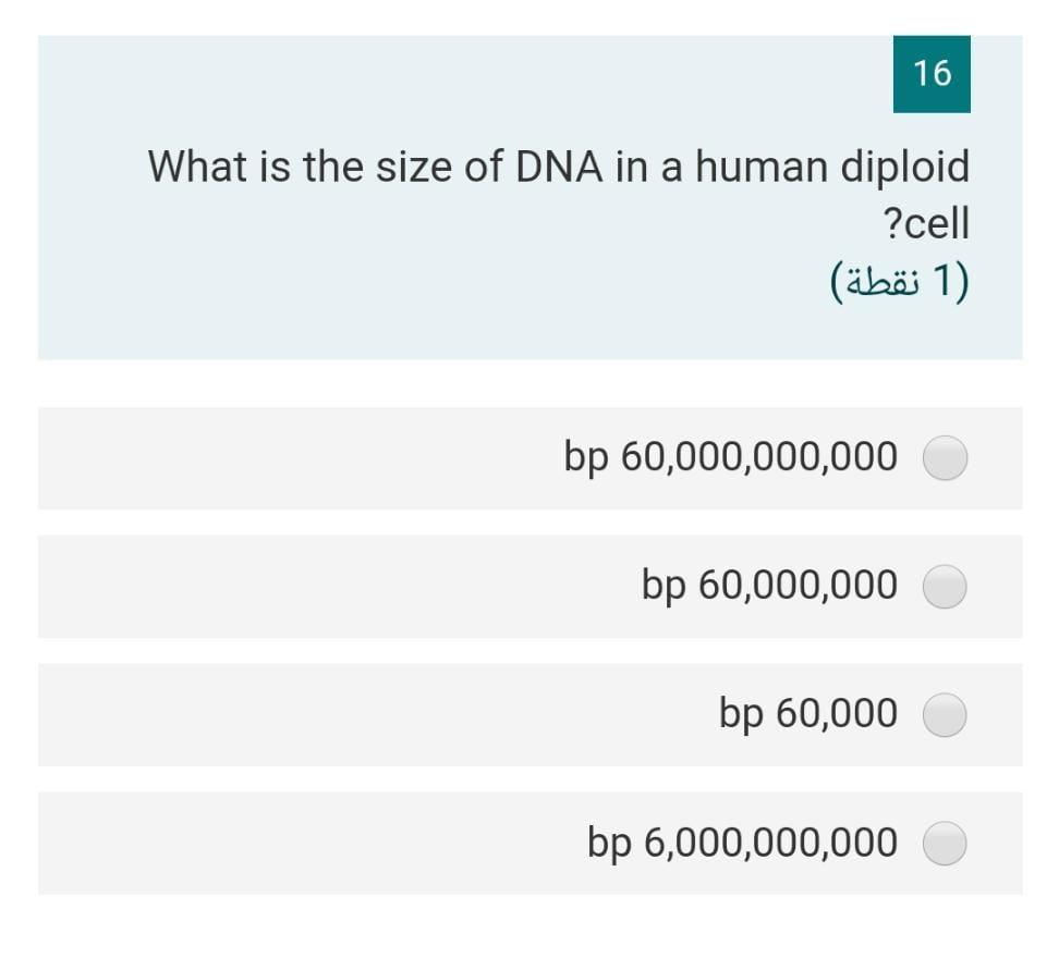 Solved 16 What is the size of DNA in a human diploid ?cell | Chegg.com
