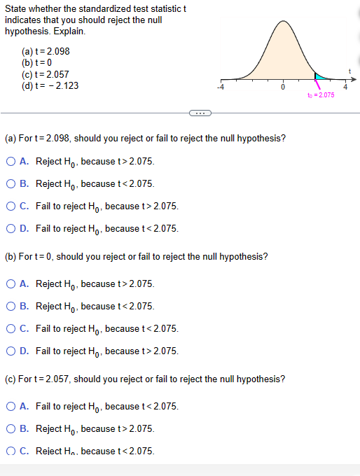 Solved State whether the standardized test statistic \\( t | Chegg.com