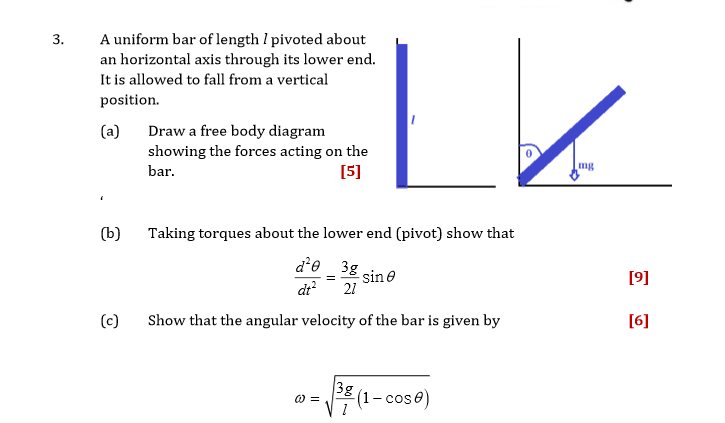 Solved 3. A uniform bar of length 1 pivoted about an | Chegg.com