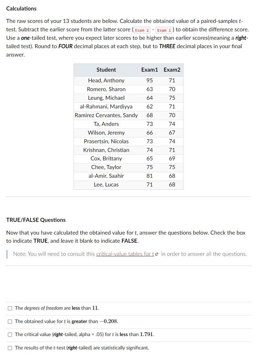 Solved Calculations The raw scores of your 13 students are | Chegg.com