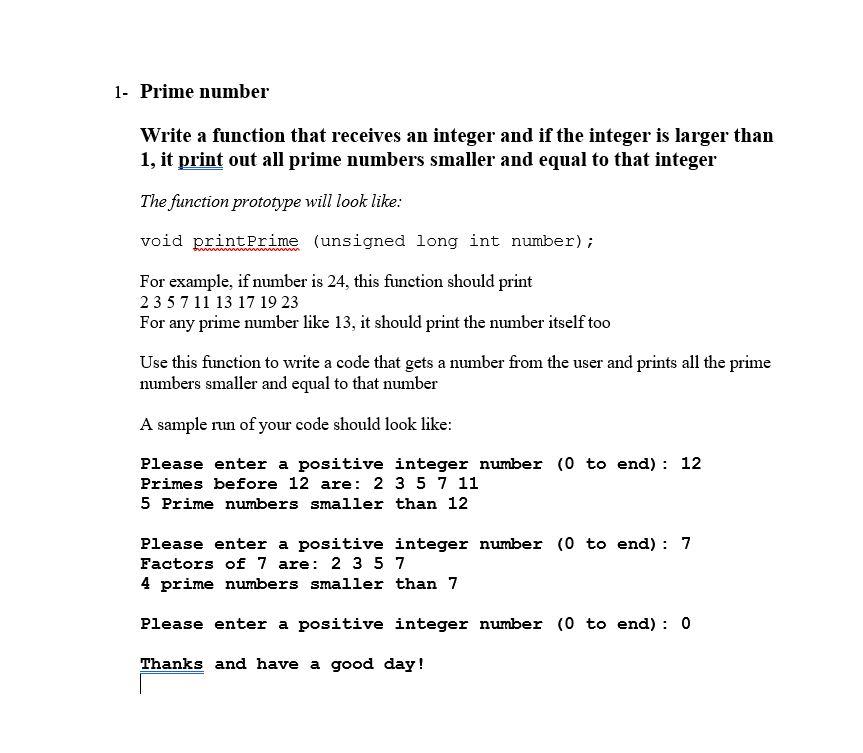 Solved 1. Prime number Write a function that receives an | Chegg.com
