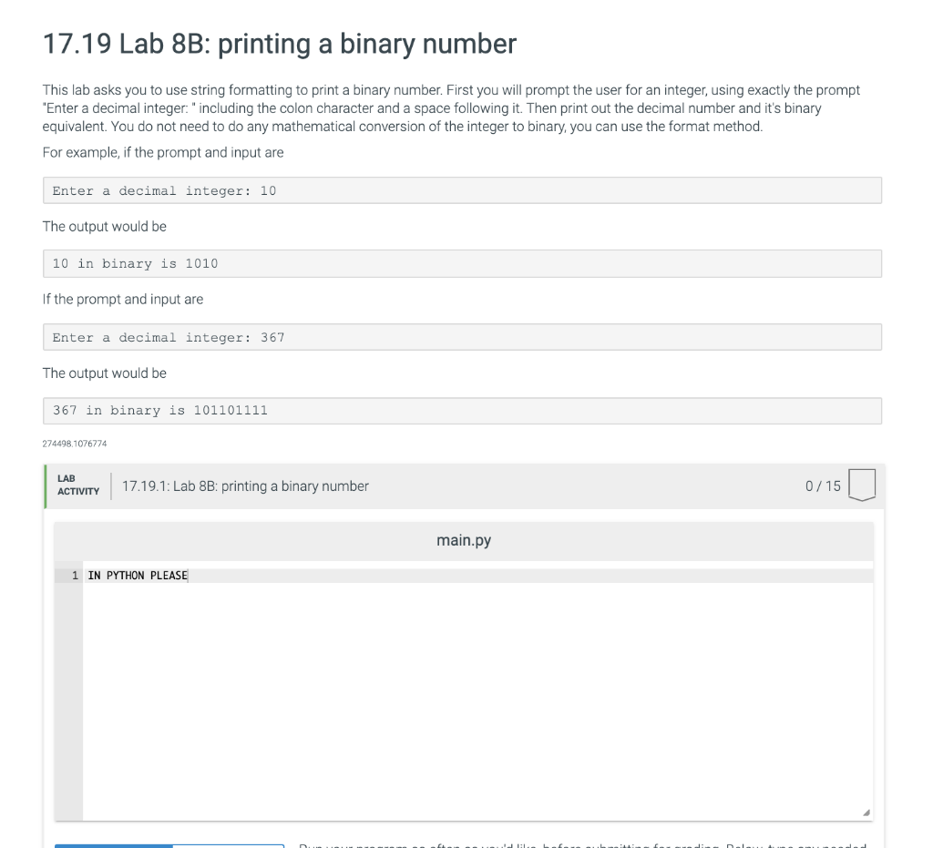 Solved 17.19 Lab 8B: printing a binary number This lab asks | Chegg.com