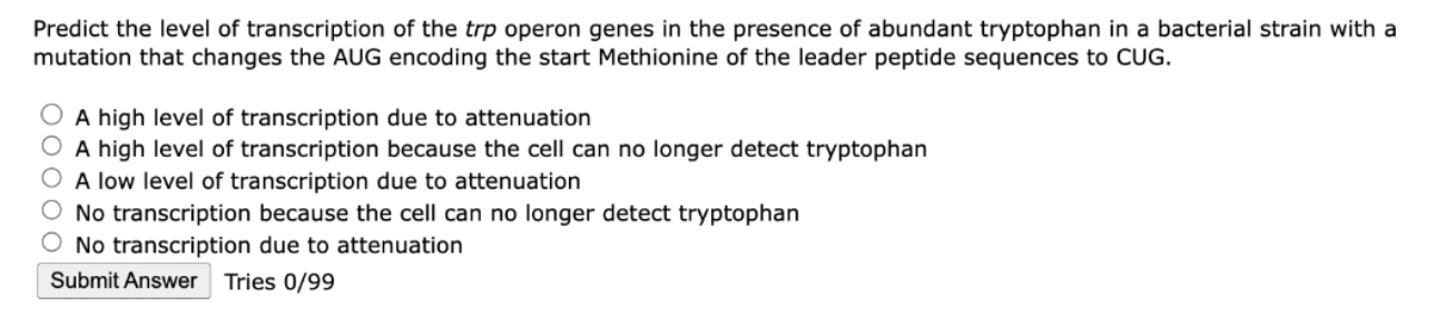 Solved Predict The Level Of Transcription Of The Trp Operon Chegg Com   Php3SDdRY