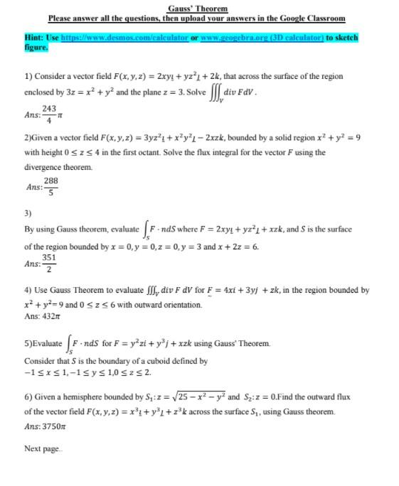Solved Gauss' Theorem Please answer all the questions, then | Chegg.com
