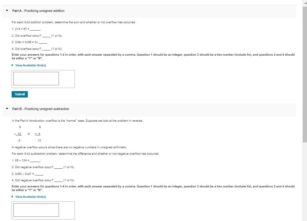 Solved Part A - Practicing unsigned addition For each 8-bit | Chegg.com