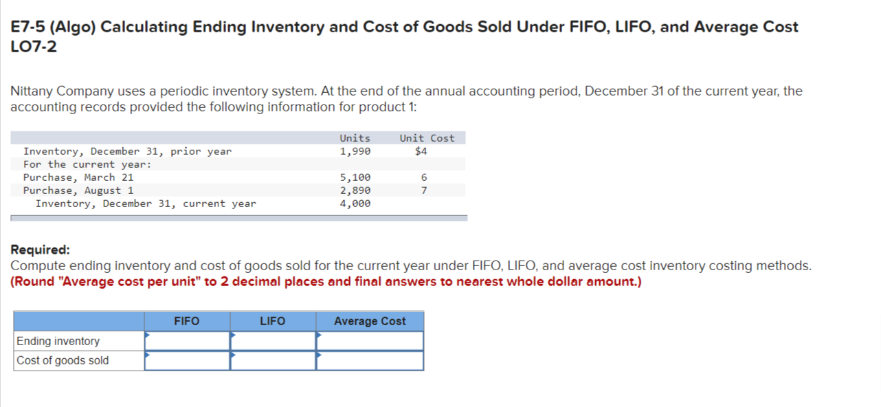 Solved E75 (Algo) Calculating Ending Inventory and Cost of