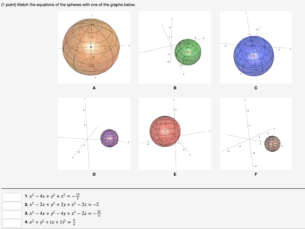 Solved Match The Equations Of The Spheres With One Of The 0234