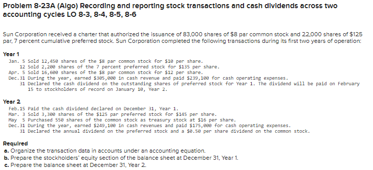 Solved Problem 8-23A (Algo) Recordlng and reportlng stock | Chegg.com