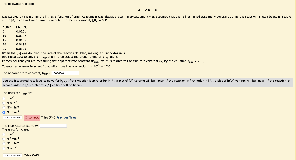 Solved The following reaction: A + 2B-C was studied by | Chegg.com
