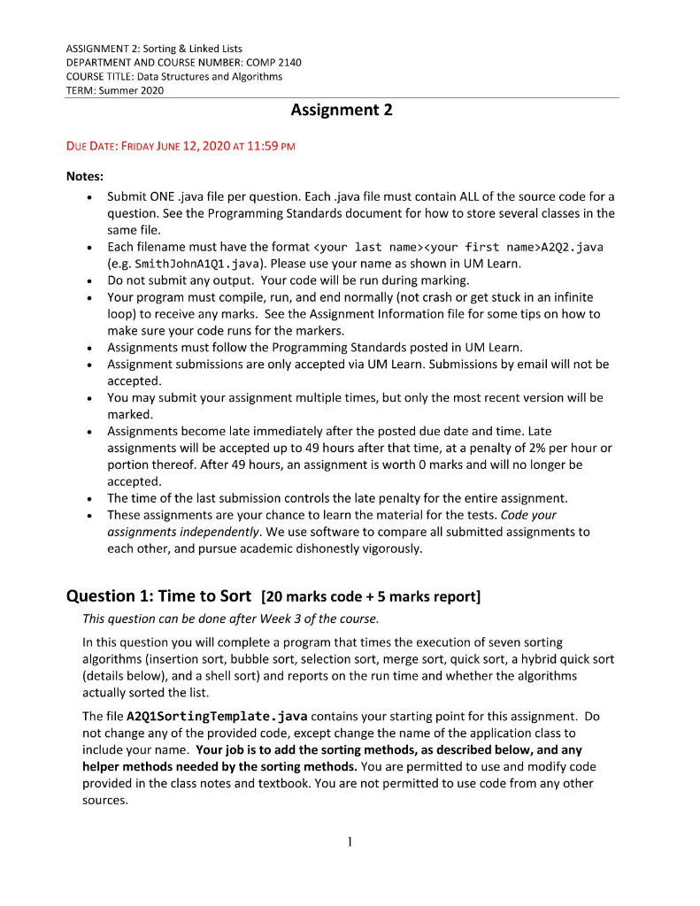 ASSIGNMENT 2: Sorting & Linked Lists DEPARTMENT AND | Chegg.com