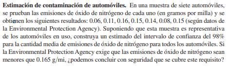 Estimación de contaminación de automóviles. En una muestra de siete automóviles, se prueban las emisiones de óxido de nitróge