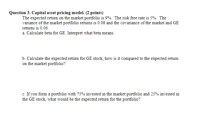 Solved Question 3. Capital Asset Pricing Model. (2 Points) | Chegg.com