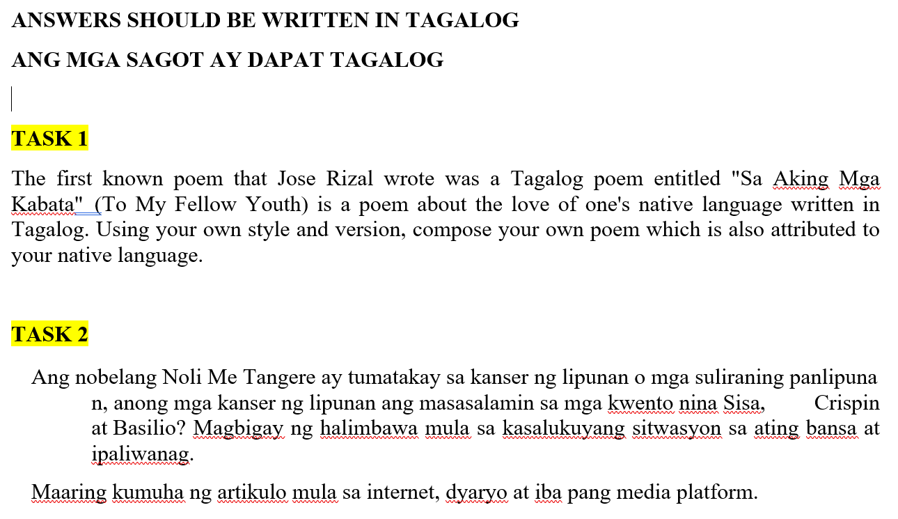 ANSWERS SHOULD BE WRITTEN IN TAGALOG ANG MGA SAGOT AY | Chegg.com