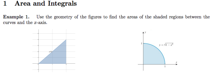 Example 1. Use the geometry of the figures to find the areas of the shaded regions between the curves and the \( x \)-axis.