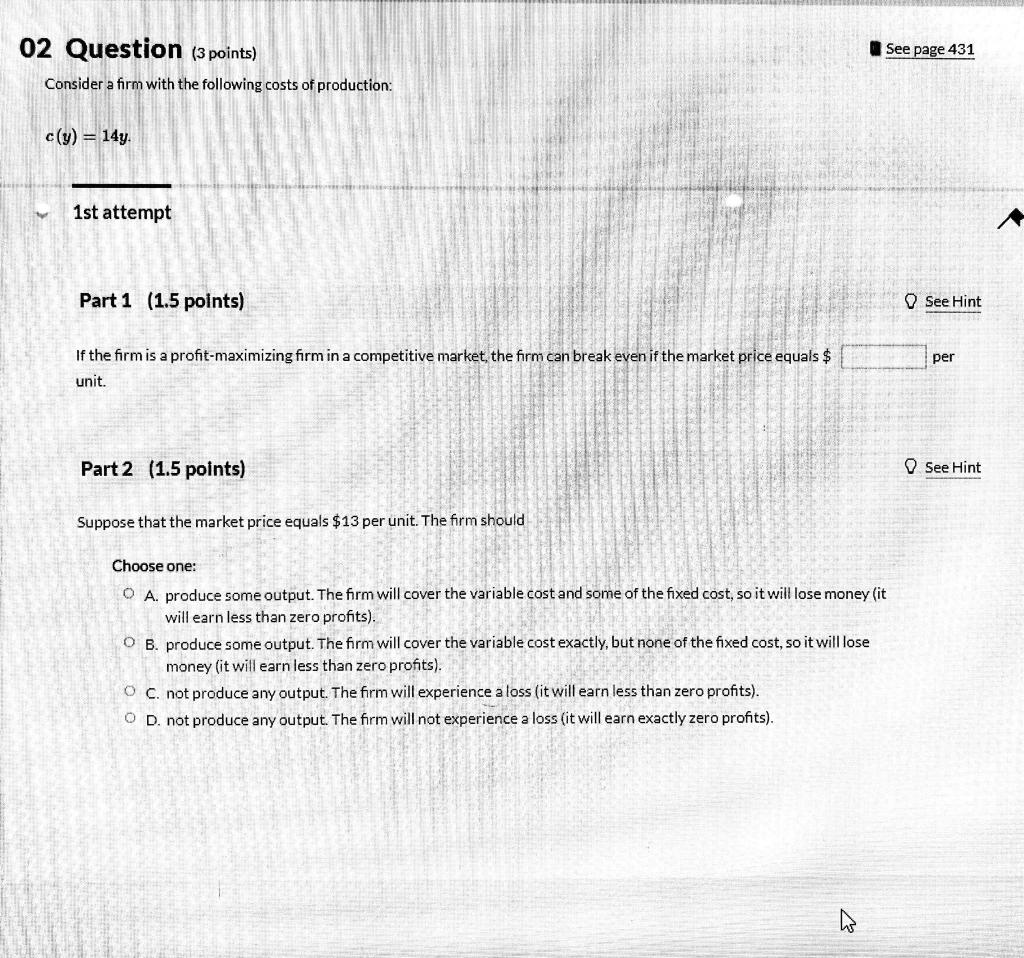 Solved See page 431 02 Question (3 points) Consider a firm | Chegg.com