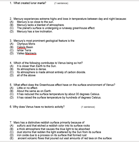 Solved 1. What created lunar maria? (1 sentence) 2. Mercury 