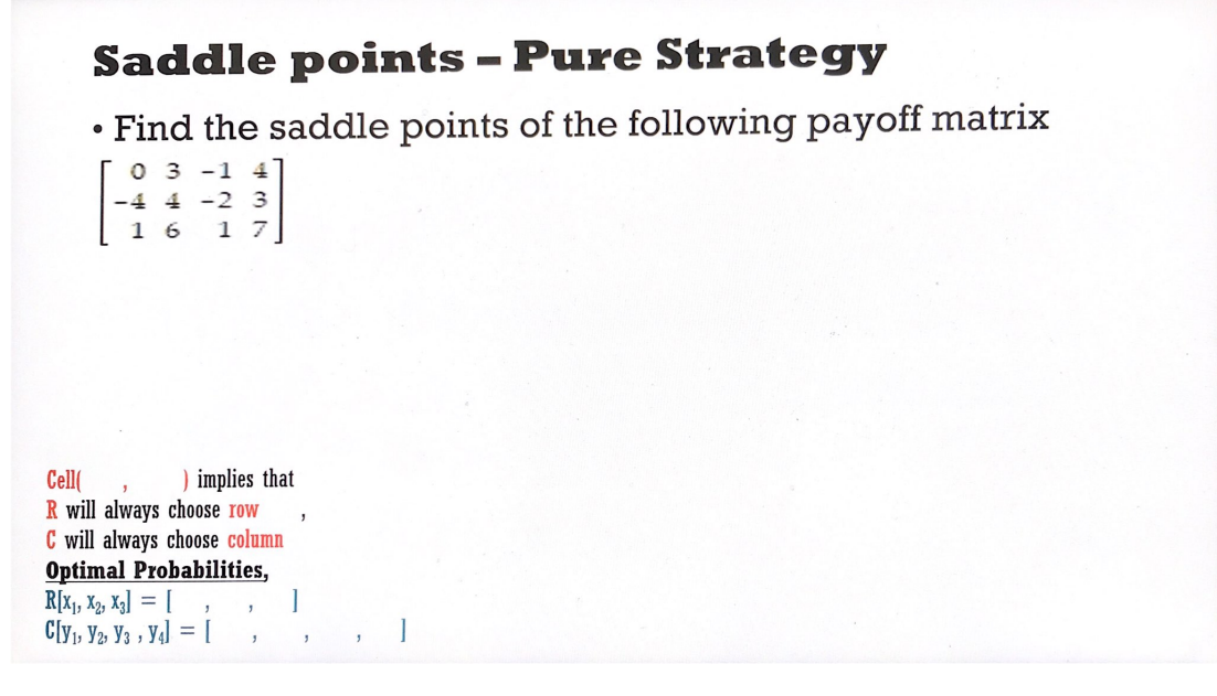 Solved Saddle points - Pure Strategy Find the saddle | Chegg.com