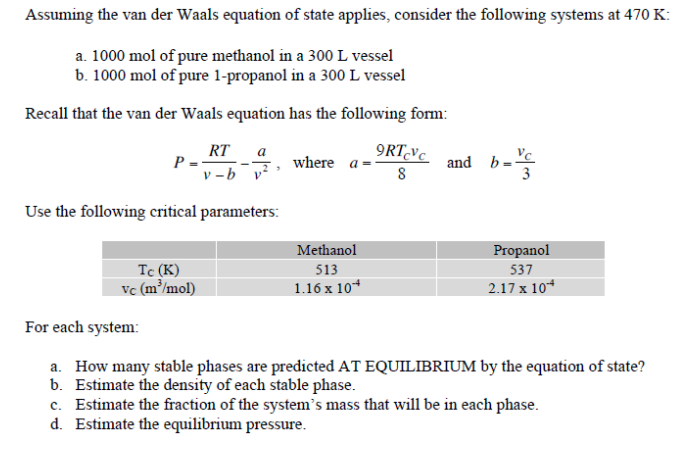 Solved Assuming the van der Waals equation of state applies, | Chegg.com