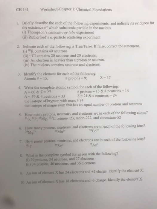 Solved CH 141 Worksheet-Chapter 1: Chemical Foundations | Chegg.com