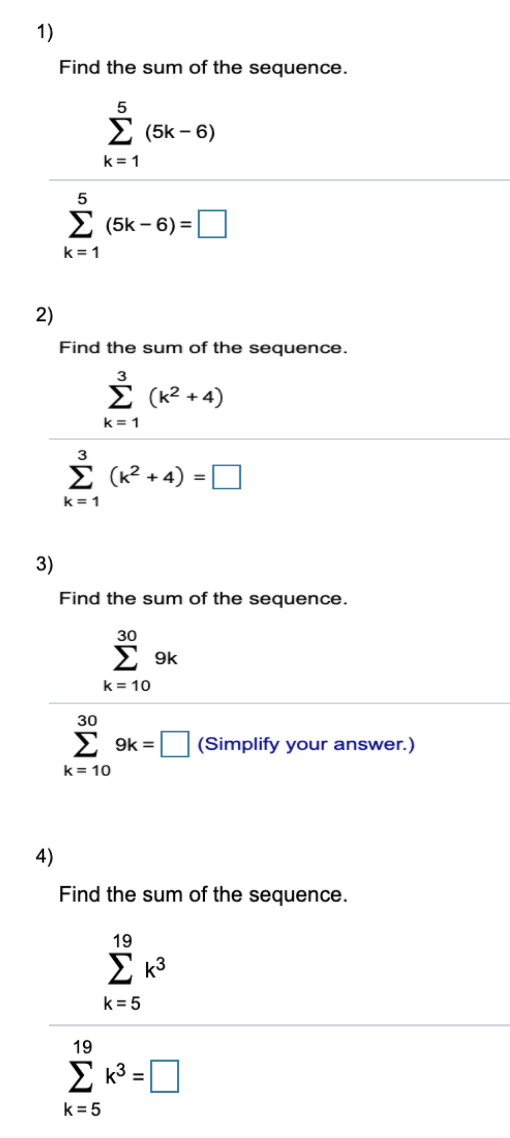 sum of sequence 5 6 7 8 19 will be