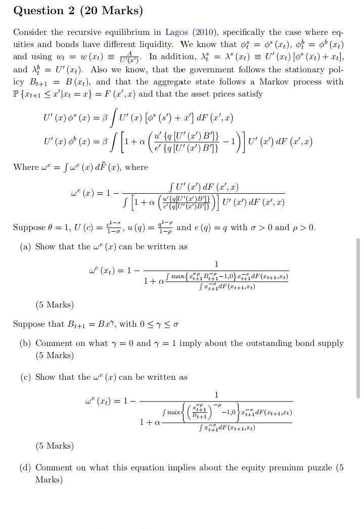 Consider the recursive equilibrium in Lagos (2010), | Chegg.com