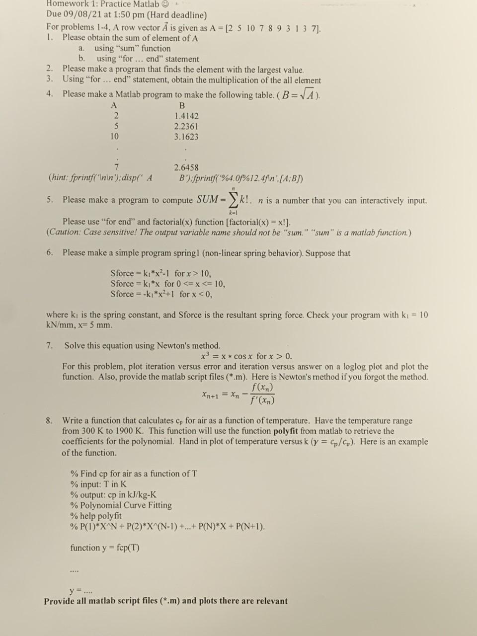Solved Homework 1. Practice Matlab Due 09/08/21 at 1:50 pm | Chegg.com