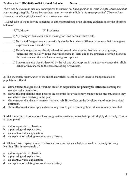 Problem Set I BIO4600VA6000 Animal Behavior Name