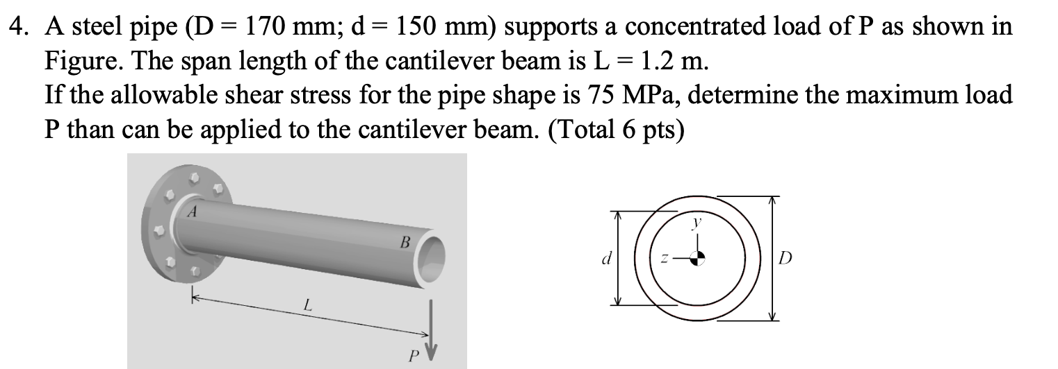 A steel pipe \( (D=170 \mathrm{~mm} ; d=150 \mathrm{~mm}) \) supports a concentrated load of \( P \) as shown in Figure. The