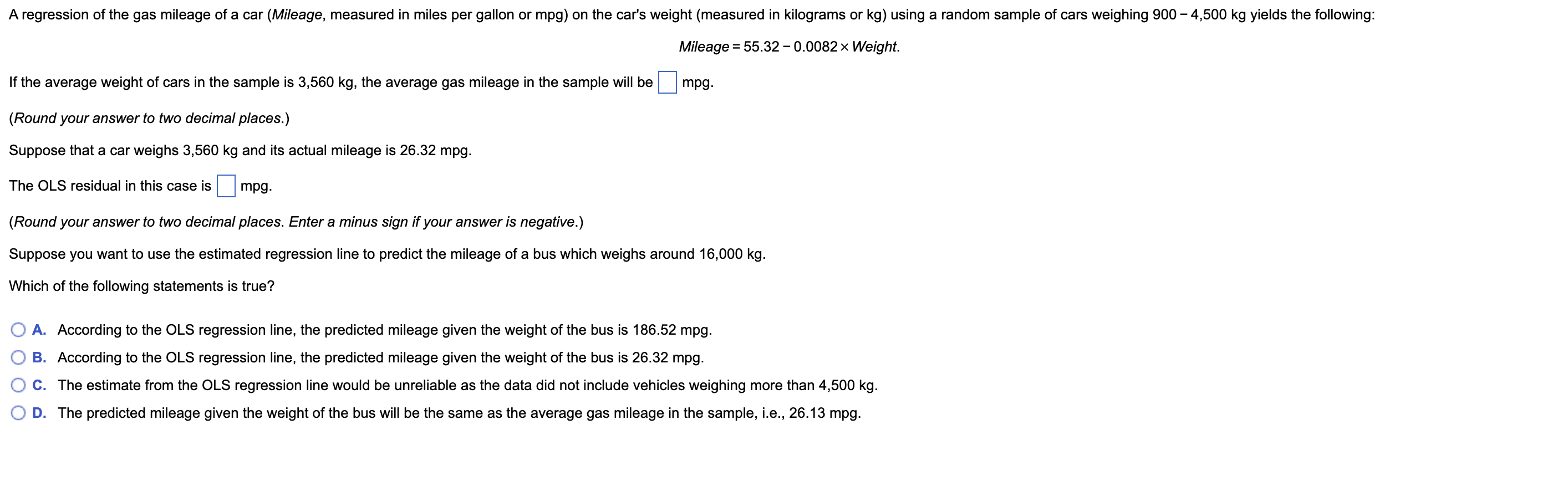 Solved A regression of the gas mileage of a car (Mileage, | Chegg.com