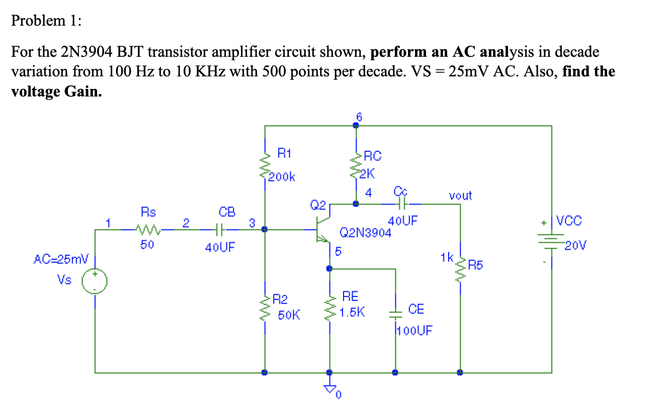 Solved Problem 1: For The 2N3904 BJT Transistor Amplifier | Chegg.com