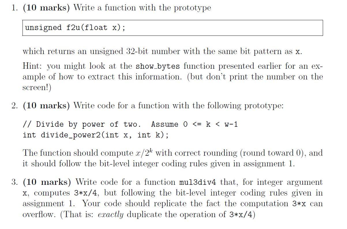 Solved 1. (10 marks) Write a function with the prototype | Chegg.com