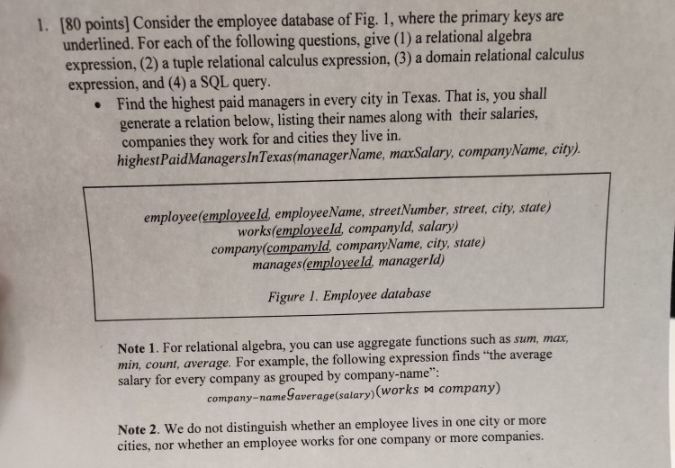 Solved 1. [80 points] Consider the employee database of Fig. | Chegg.com