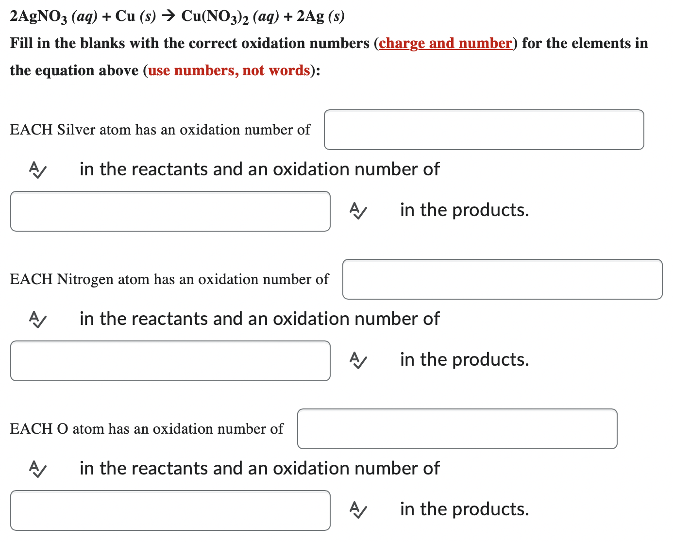 Solved 2AgNO3(aq)+Cu(s)→Cu(NO3)2(aq)+2Ag(s) Fill in the | Chegg.com