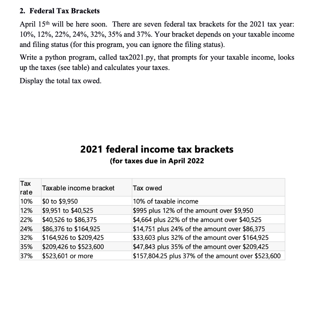 Solved 2. Federal Tax Brackets April 15th will be here | Chegg.com