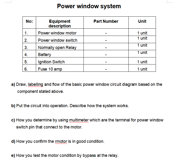 Solved Power window system No: Part Number Unit 1. 2. | Chegg.com