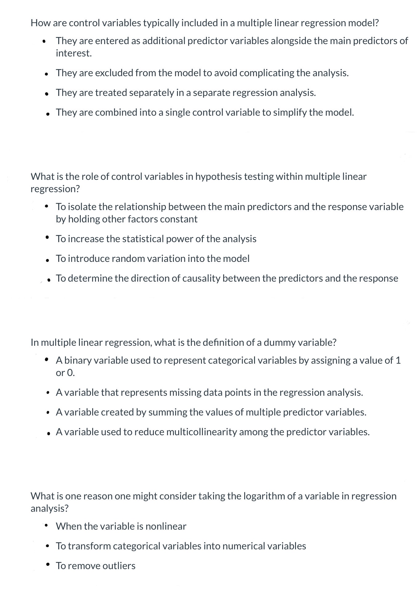 Solved How are control variables typically included in a | Chegg.com