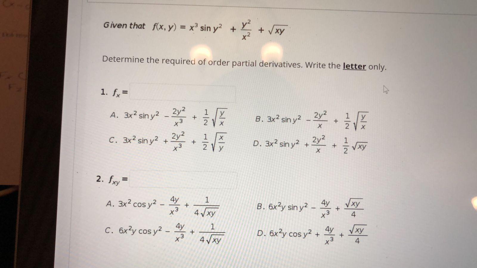 Solved Given that f(x, y) = xºsin y2 + y + Vxy Determine the | Chegg.com