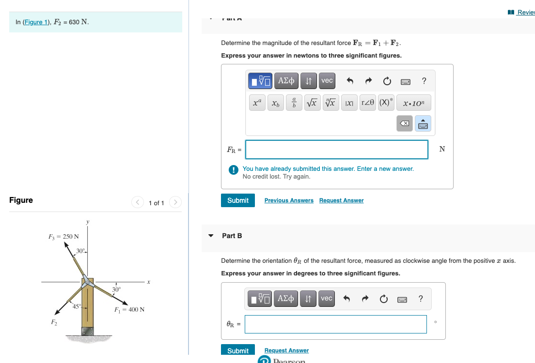 Solved Revie! In (Figure 1), F2 = 630 N Determine the | Chegg.com