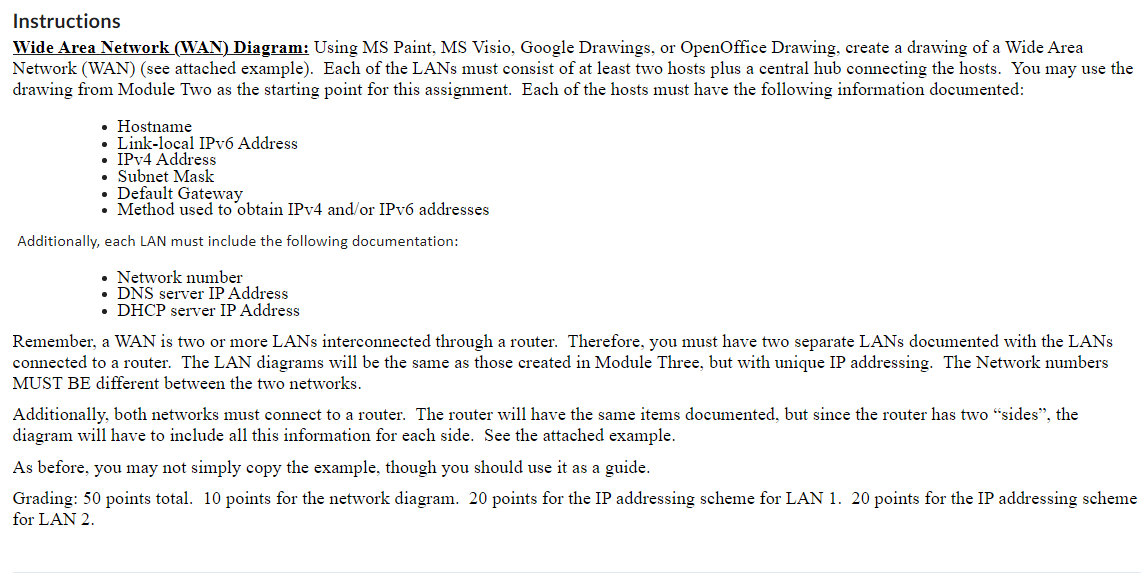 Instructions
Wide Area Network (WAN) Diagram: Using MS Paint, MS Visio, Google Drawings, or OpenOffice Drawing, create a draw