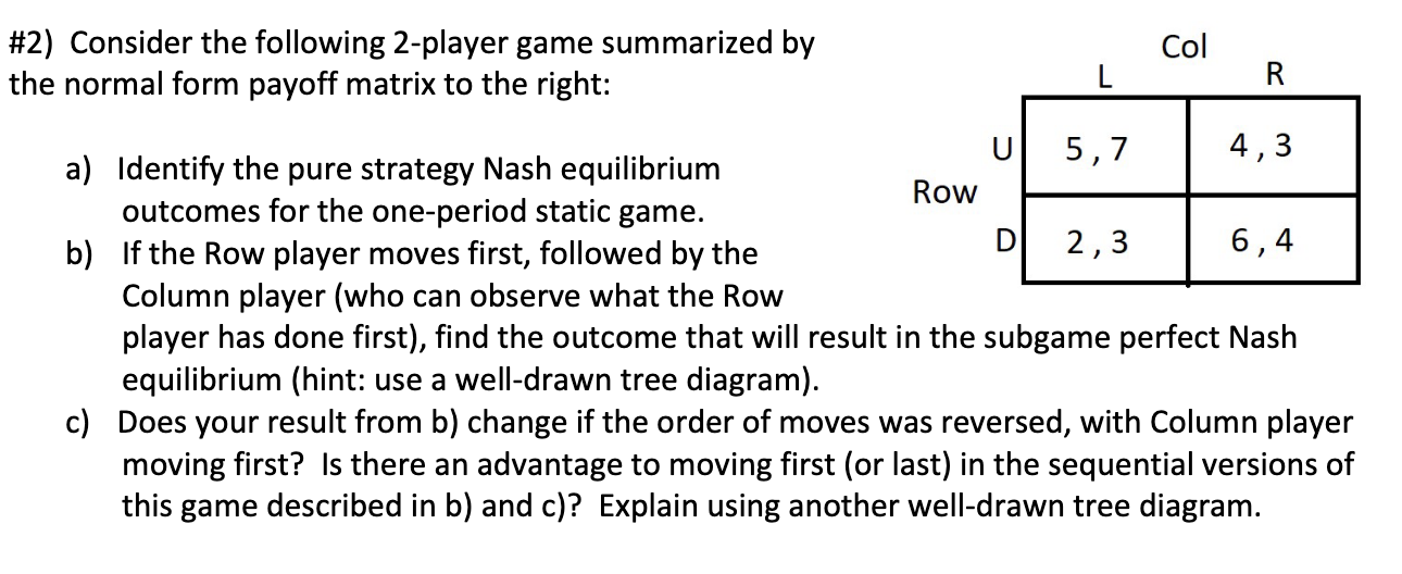 Solved \#2) Consider The Following 2-player Game Summarized | Chegg.com