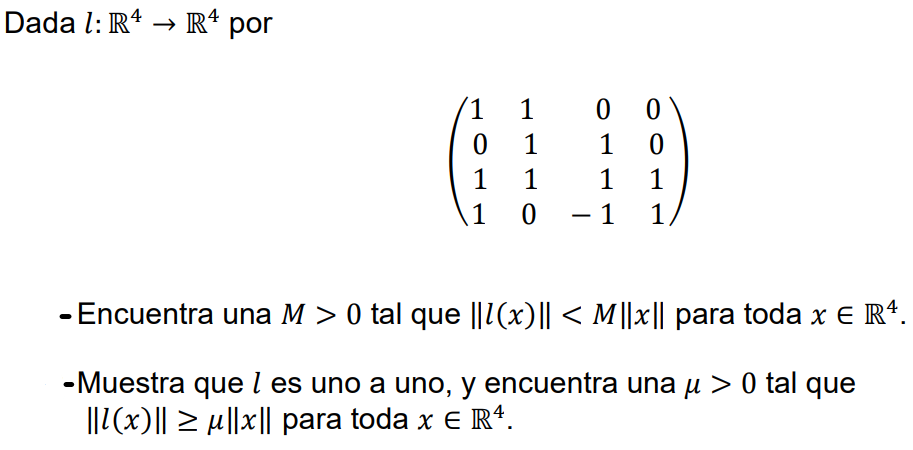 Dada \( l: \mathbb{R}^{4} \rightarrow \mathbb{R}^{4} \) por \[ \left(\begin{array}{rrrr} 1 & 1 & 0 & 0 \\ 0 & 1 & 1 & 0 \\ 1