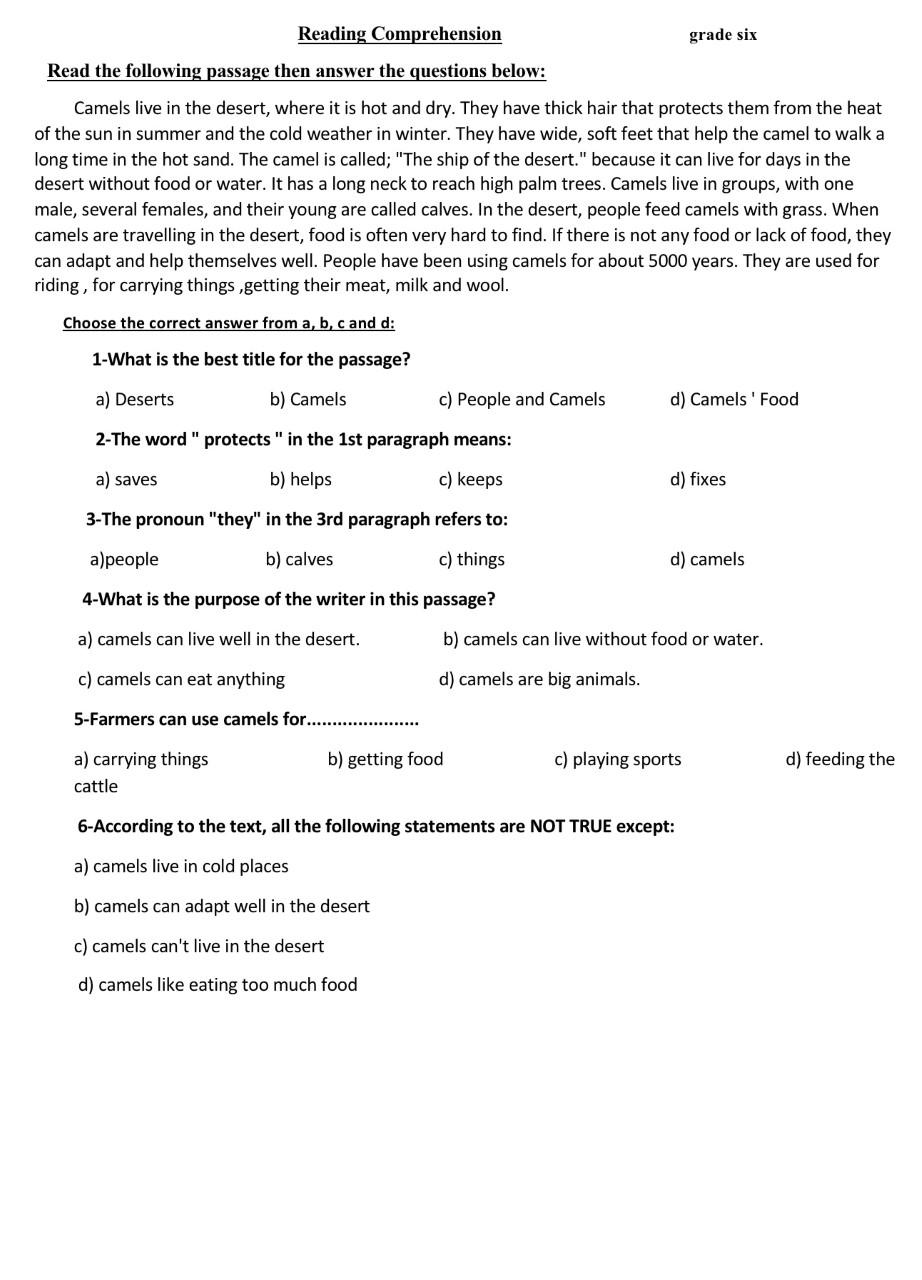 Solved Reading Comprehension grade six Read the following | Chegg.com